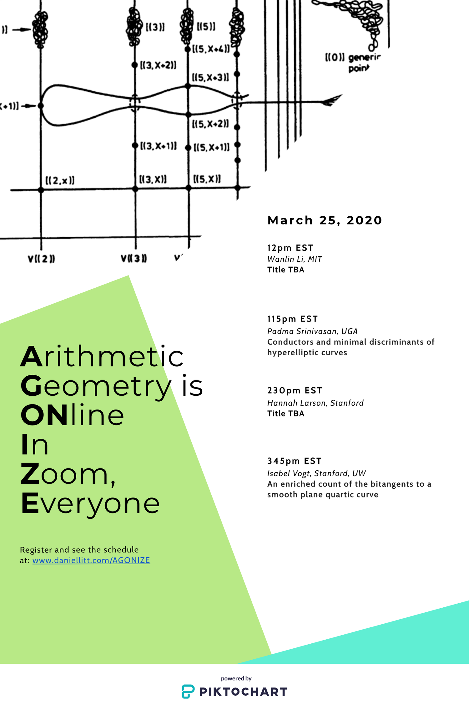 AGONIZE announcement poster for March 25, 2020, listing talks by Wanlin Li, Padma Srinivasan, Hannah Larson, and Isabel Vogt.
