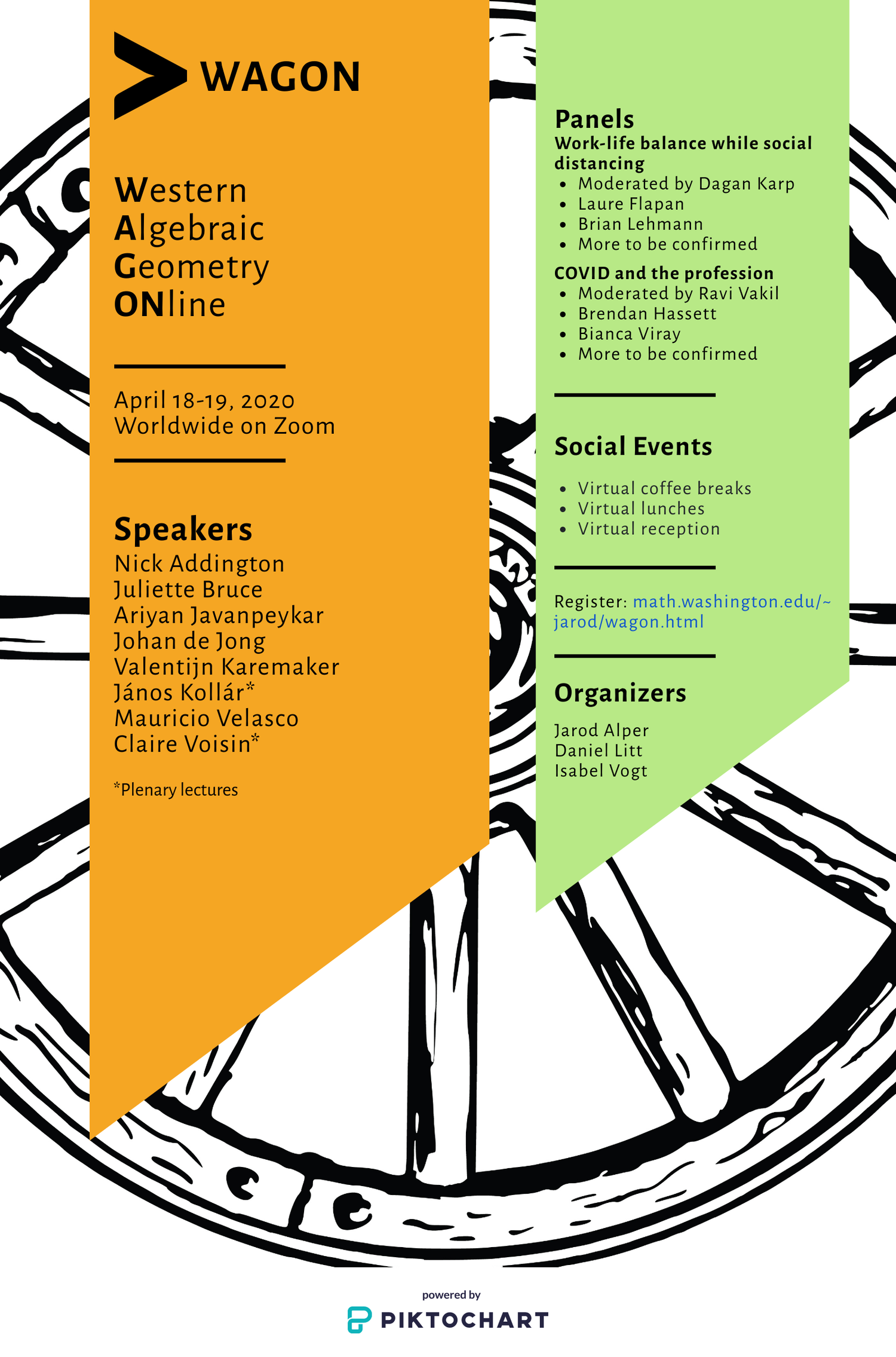 WAGON conference poster for April 18–19, 2020, listing eight speakers, panels on work-life balance and COVID, and virtual social events.